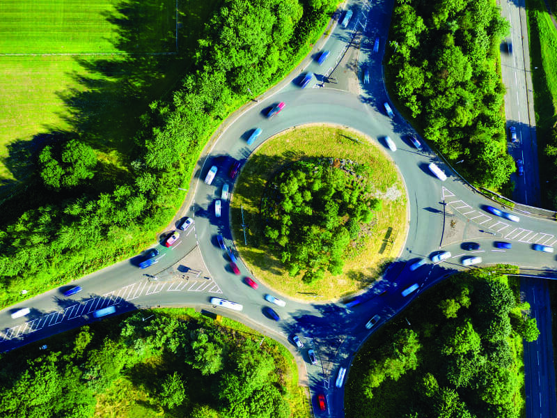 Overhead view of a scenic roundabout, running smoothly