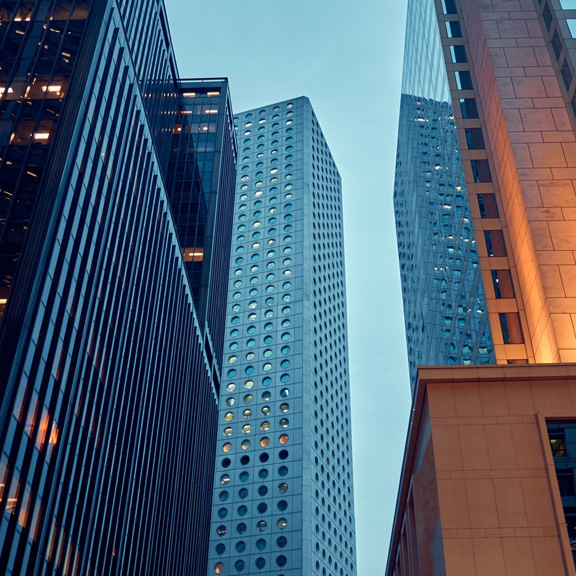 Tall, beautiful, buildings seen from the street